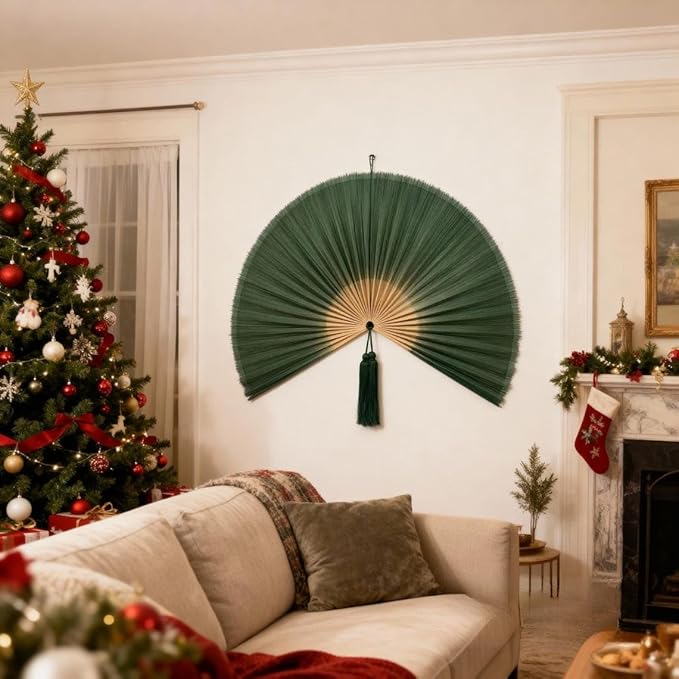 ChumDecor Bamboo Fan Wall Decor,Japanese Chinese Wall Fans,Large Bamboo Fan Wall Art for Boho Hanging Headboard, Decorative Folding Fans (Dark Moss Green 40inch)