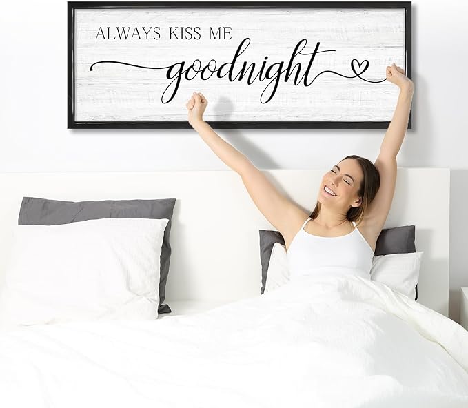 Always Kiss Me Goodnight Wall Sign Above Bed 41.3''×15'' Large Farmhouse Wall Decor for Bedroom Couples Room Decor Framed Wood Wall Art Rustic Master Bedroom Wall Decoration (black frame)