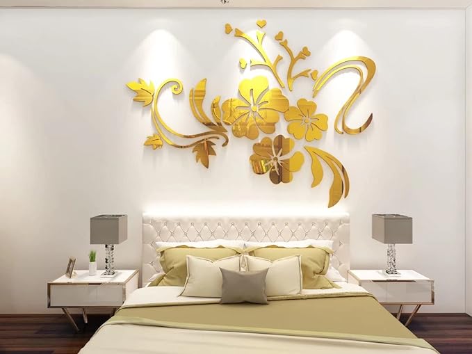 Wall Stickers 3D Flower Mirror - Family Decal Living Room Wall Decor Sticker Home Decorations Room Decor for Office Sofa Bedroom Decals (Golden XS:15 * 23in)