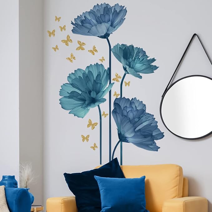 Runtoo Large Blue Flower Wall Decals Butterfly Floral Wall Stickers Backdrop for Living Room Bedroom Bathroom Wall Decor