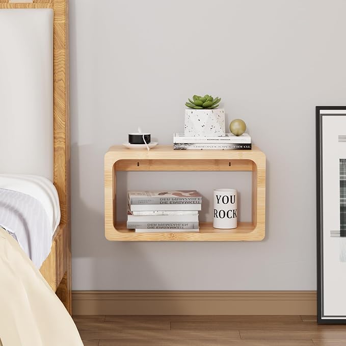 Bamboo Floating Nightstand with Storage Drawer and Modern Open Shelf Cubby，Bedroom, Living Room, Kitchen, Tool Room for use. (Natural, Prepare for Departure)