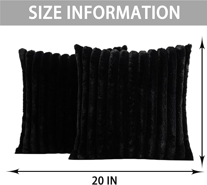 Aegero Pack of 2 Faux Fur Christmas Throw Pillow Covers 20x20 Inch, Soft Plush Striped Neutral Couch Pillow Cover, with Velvet Back Modern Home Decor for Sofa Living Room Couch Bed Black