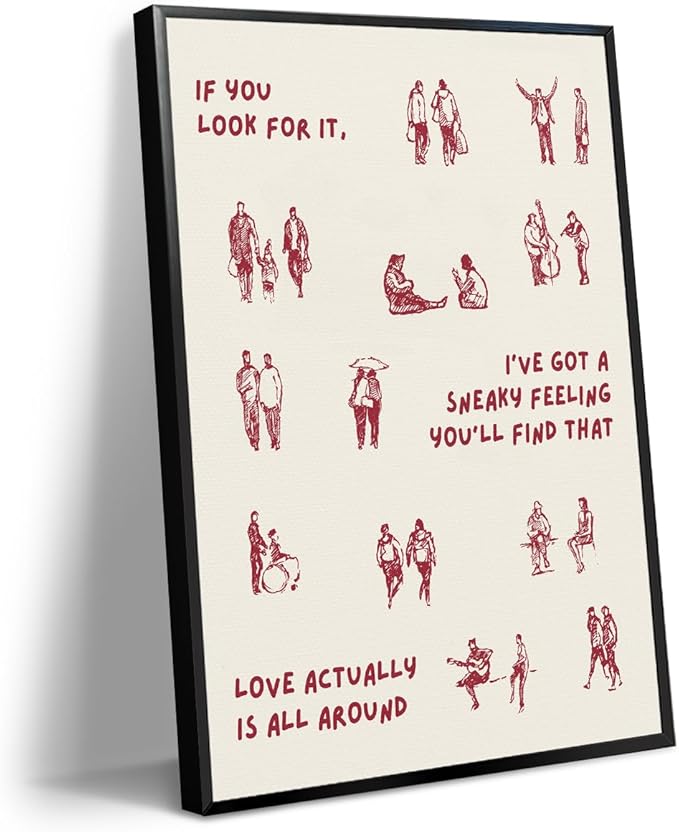 Beige and Red Canvas Wall Art, Love Actually Is All Around Warming Quote Poster, Neutral Hues Tiny People Walking Picture, Minimal Typography Print for Bedroom Living Room 24x36in Framed