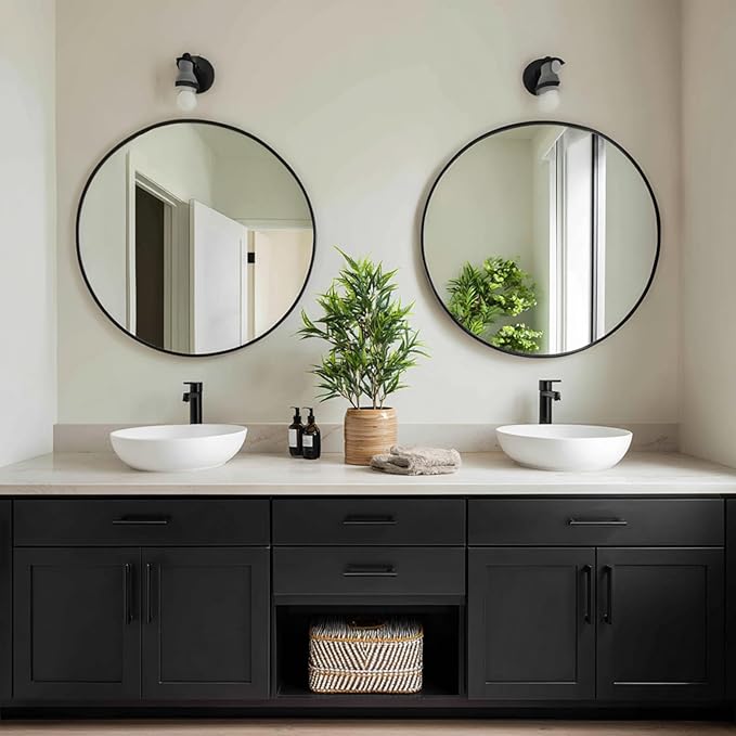 Black Round Mirror 24 inch, 2 Pack Black Circle Mirror, Round Bathroom Mirrors Metal Frame for Bathroom, Bedroom, Living Room, Hallway.