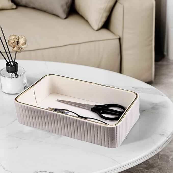 Beebeecraft Imitation Leather Desk Organizer Tray Floral White Small Nightstand Organizer Bedside Desktop Storage for Women Men Perfume Trinket Catchall Vanity Tray for Key Watch Wallet