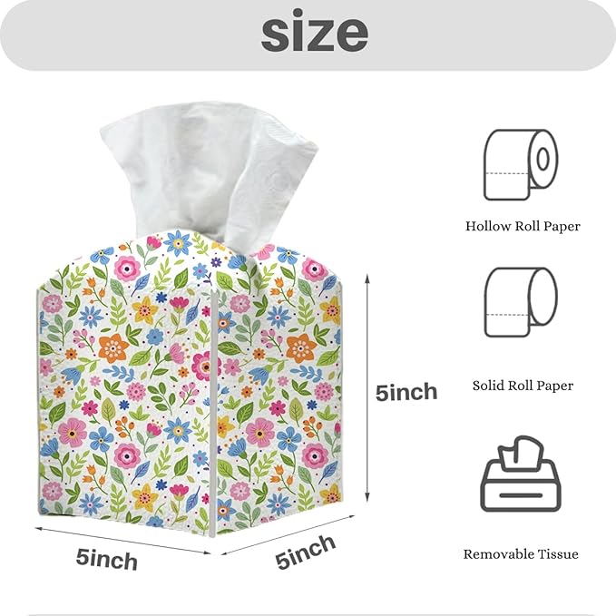 Tissue Box Cover, Tissue Box Holder, Square with Belt Bottom, PU Leather Decorative Organizer for Desk, Tabletop, Countertop Bathroom, Toilet Car, Office, Dresser Kitchen, Aesthetic Flower Decor