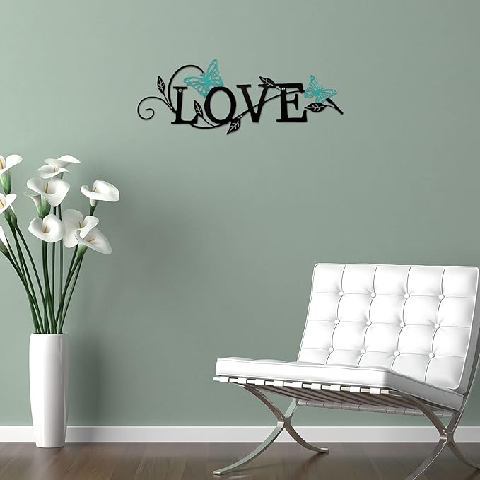 Metal Butterfly Love Sign Wall Decor Metal Black Love Word Sign Rustic Home Letter Ornament Cutout Teal Bedroom Decor for Home Office Living Room Hanging Wall Decorations 14 x 5 Inch