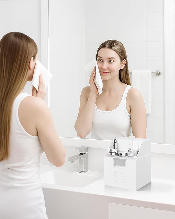 Disposable Facial Towels Storage Box Compatible with Clean Skin Club Clean Towel XL - Cotton Pads - Swabs Upgraded Double Layer Acrylic Storage Container Face Towel Holder (Matte White)
