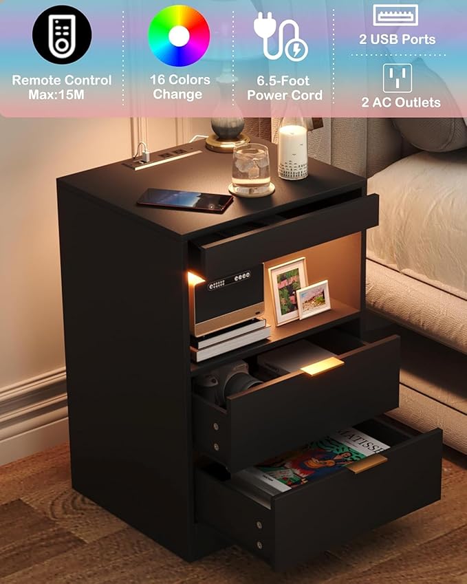 Yusong Night Stand, Bedside Table, LED Nightstand with Charging Station, Modern Night Stand, Wood Sofa Couch End Side Table with 2 Pull-Out Shelf (Black)
