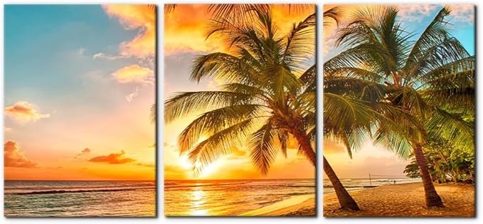 3 Panels Sea Landscape Modern Wall Art Ocean Sunset Canvas Prints Sea Beach Pictures Painting on Canvas Wall Art for Home Decor Gallery Wrapped Tropical Scenery Seascape Giclee Artwork - 20"x28"x3