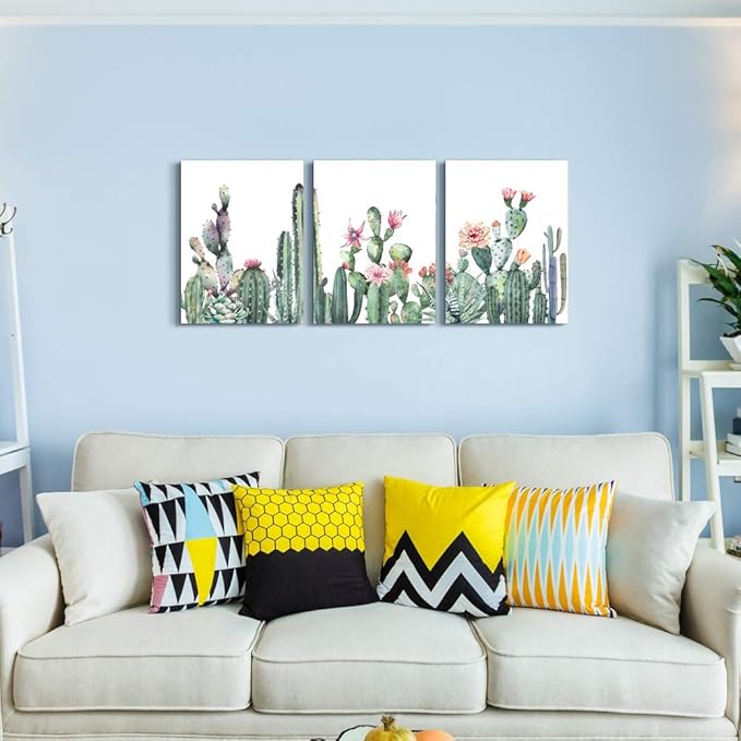 Canvas Wall Art For Living Room Bathroom Wall Decor For Bedroom Kitchen Artwork Canvas Prints Green Succulent Cactus Painting 16" X 24" 3 Pieces Modern Framed Office Home Decorations Family Picture