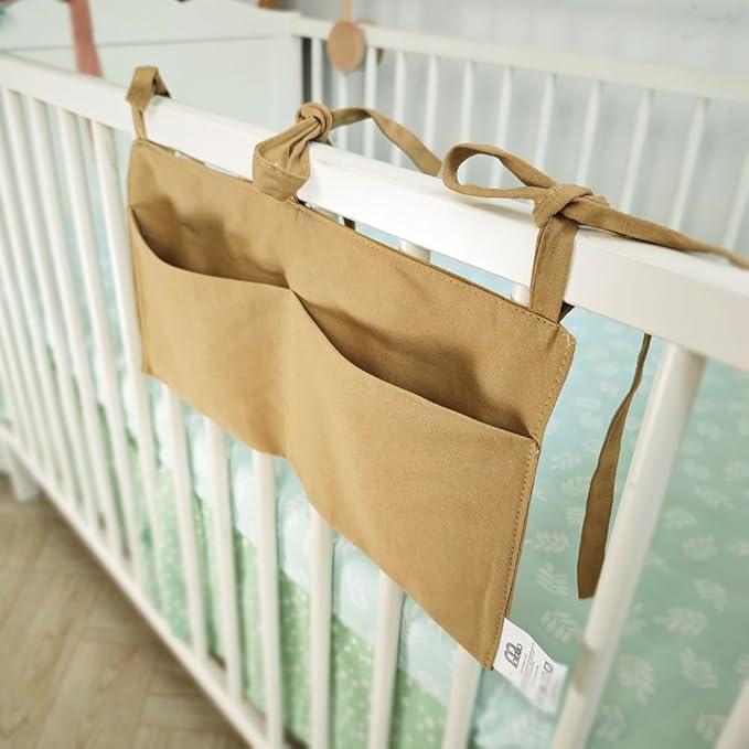 Baby Bedside Hanging Storage Bag - 2-Pocket Bedside Storage with High Capacity for Diapers & Essentials, Space-Saving Hanging Nursery Organizer 5 Colors Available (Khaki)