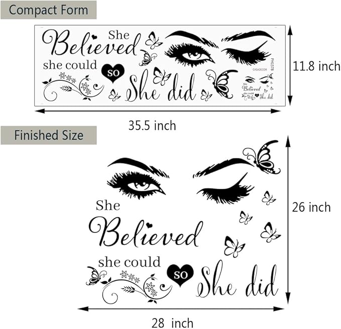 Wall Sticker Saying Vinyl Wall Decals Eyelash Eyes Inspirational Quotes She Believed She Could So She Did Wall Decal Butterfly Wall Stickers for Bedroom Living Room Classroom Office Girl Room Home