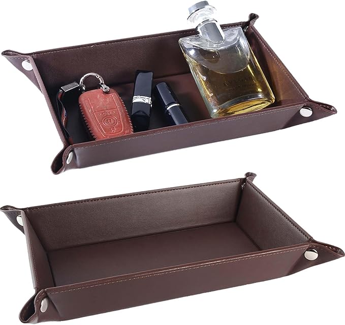 Valet Tray for Men Women 2 Pack - PU Leather Travel Catchall Tray Organizer - Desk Bedside Nightstand Storage Box for Jewelry Key Phone Remote Controller Wallet Watch Glasses -Rectangle