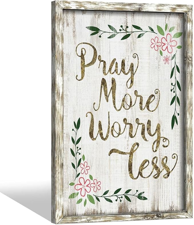 Bible Verses Decor Wall Art: Wooden Christian Quotes Framed Picture Farmhouse Religious Scripture Inspirational Artwork Pray More Worry Less Sayings Print for Home Bedroom Office