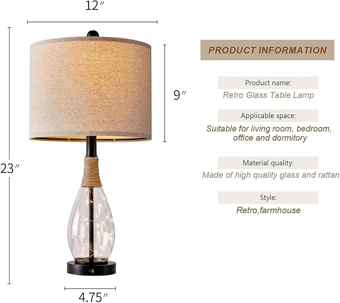 OYEARS Bedside Table Lamp with USB, 23‘’ Black Farmhouse Nightstand Lamps for Bedroom, Retro Rattan Table Lamps for Night Stands, Living Room, Farmhouse Table Lamp with Glass Nightlight Lamps