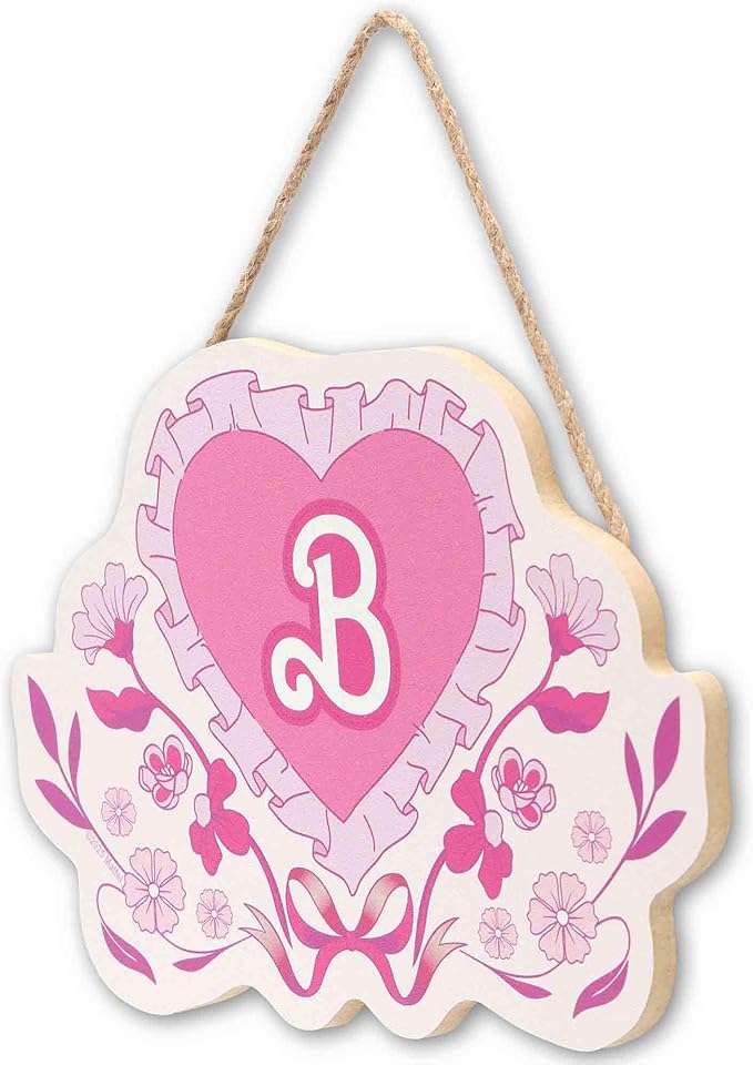Mattel Barbie Pink Floral Heart Hanging Wood Wall Decor - Nostalgic Barbie Sign with B Monogram and Ruffle Trim