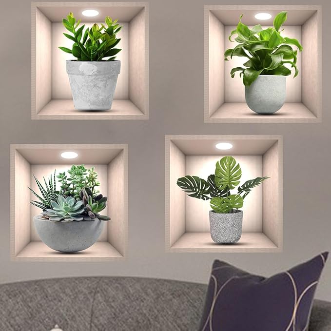 4 Pack 3D Green Plants Wall Stickers Botanical Plants Wall Decals for Bedroom Living Room Kitchen