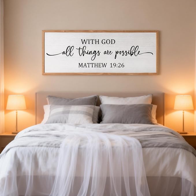 With God All Things are Possible Framed Wall Art, 40''×15'' Positive Religious Rustic Bible Verse for Christian God Jesus Christ Prayer, Vintage Horizontal Holy Inspirational Catholic Scripture Decor