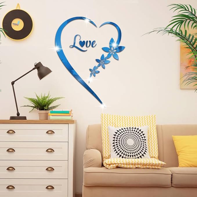 Heart Shape Mirror Wall Sticker, Self-Adhesive Love Heart Acrylic Mirror Wall Stickers Art Mural, DIY Walls Art Home Decor Heart Mirror Wall Decals for Living Room Bedroom Bathroom Office (Blue)