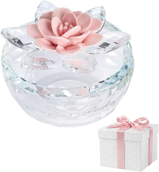 Crystal Jewelry Box for Women, Small Glass Trinket Jar with Lid, Clear Lotus Flower Storage Holder Elegant Organizer Dish for Ring, Earrings, Necklace, Gift (Pink Flower)