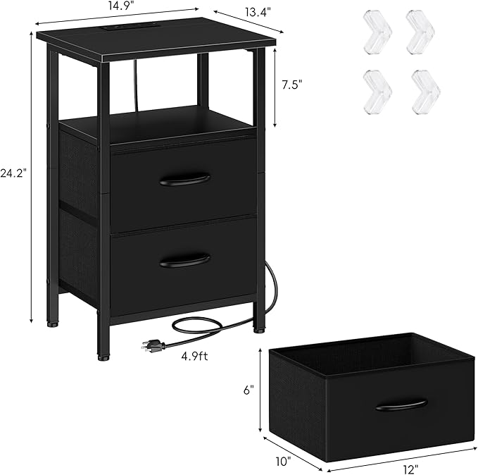 Vagusicc Nightstand with Charging Station, End Table Bedside Table with 2 Fabric Drawers, Black Night Stand with USB Ports & Outlets, 24.2" Tall Bed Side Table with Storage Shelf for Bedroom, Black