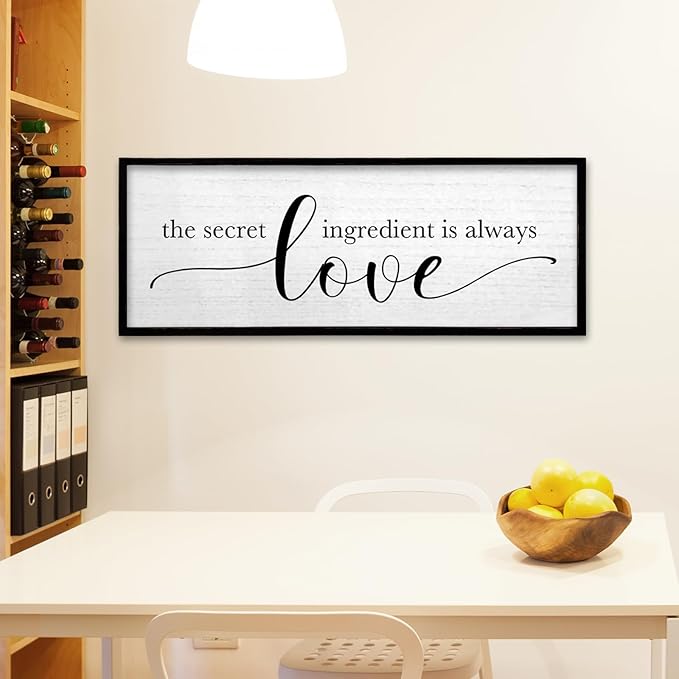 TQianJiang Kitchen Wall Decor The Secret Ingredient Is Always Love Sign 40"×15" Heartwarming Quote for Dining Room Mother's Day Large Farmhouse Rustic Wood Framed Wall Plaque Hanging Art (Black)