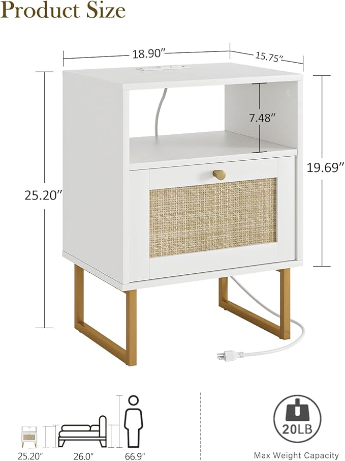 Rattan Nightstand with Charging Station, Mid Century Modern Night Stand,Boho Farmhouse Wood Bedside Table with Storage and Open Shelf, End Side Accent Table for Bedroom,Living Room,White