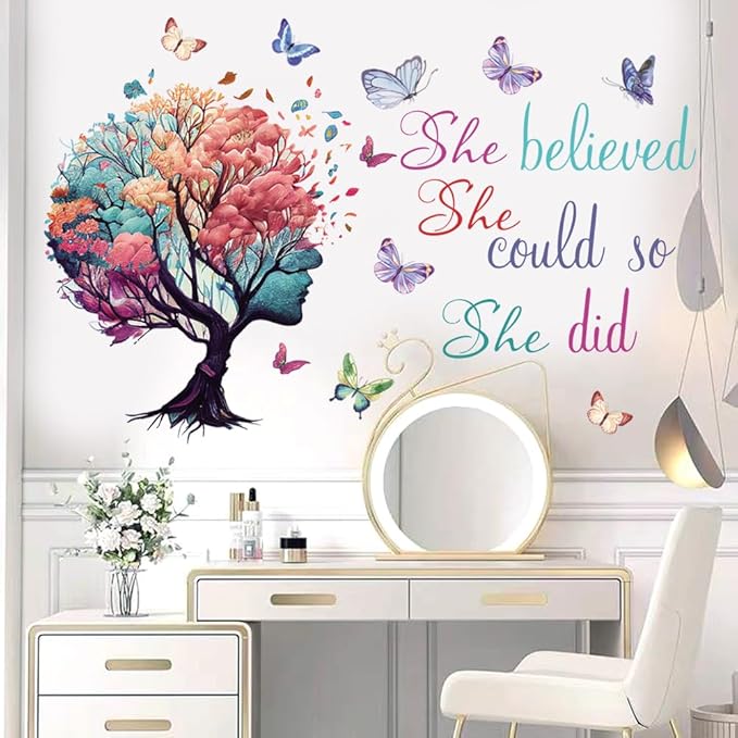 Inspirational Quotes Wall Art - 'She Believed She Could So She Did' Tree & Butterfly Decal Stickers for Women & Girls Bedroom & Living Room Decor