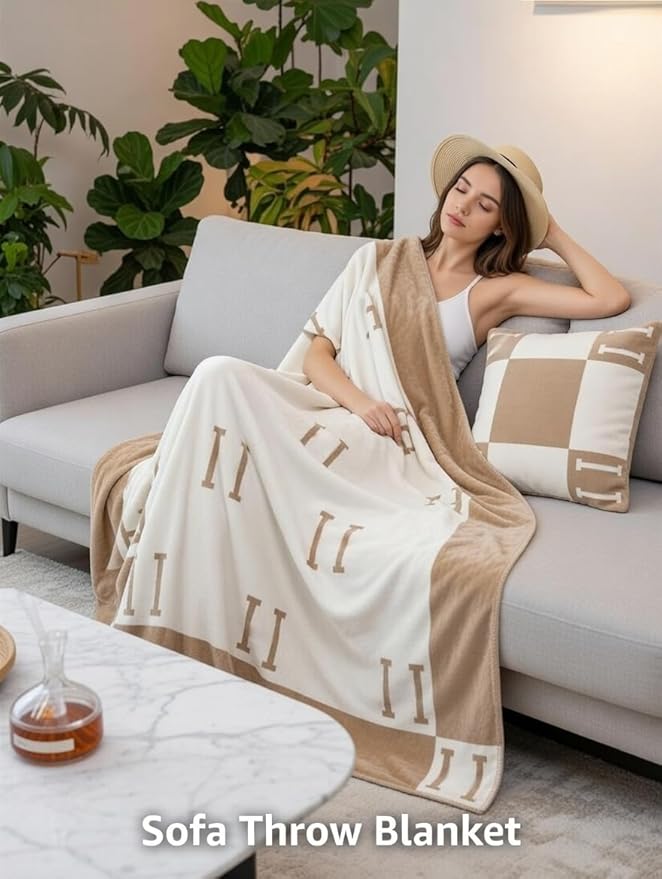 h Blanket Soft Throw Blanket Faux Fleece Cashmere Plaid Warm Shawl Thick Knitted Plush Cozy Comfy for Women Throw Blanket for Sofa Couch Bed Queen King Size 55x66 in (Khaki-2)