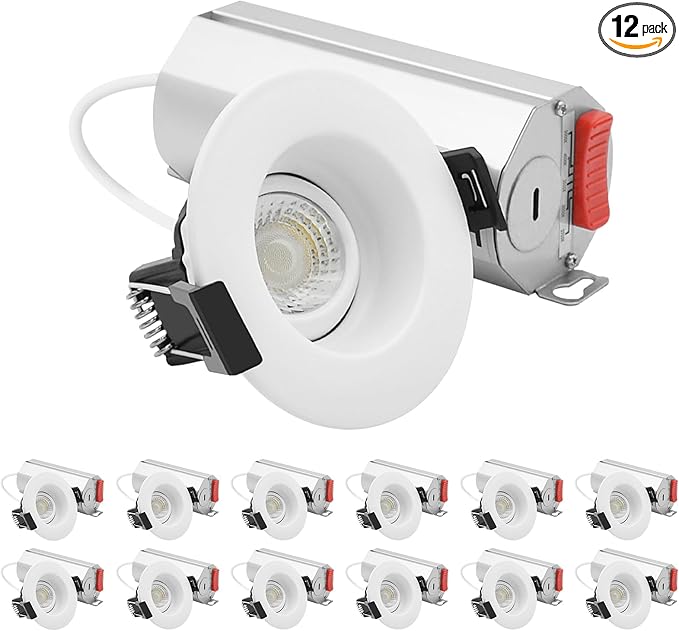 LUXRITE 2-Inch Regressed Gimbal LED Recessed Light, 5 Color Selectable 2700K-5000K, 6 Watts, 400 Lumens, Ceiling Spotlight 360º + 30º Rotation, Dimmable, CRI90, IC & Wet Rated, ETL Listed (12 Pack)
