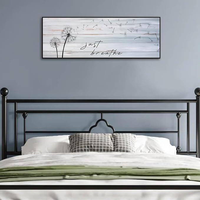 Modern Farmhouse Wall Decor Just Breathe Dandelion Canvas Art Prints Above Bed Bedroom Farmhouse Decor Vintage Bathroom Office(Black Wooden Frame) 43x15inch