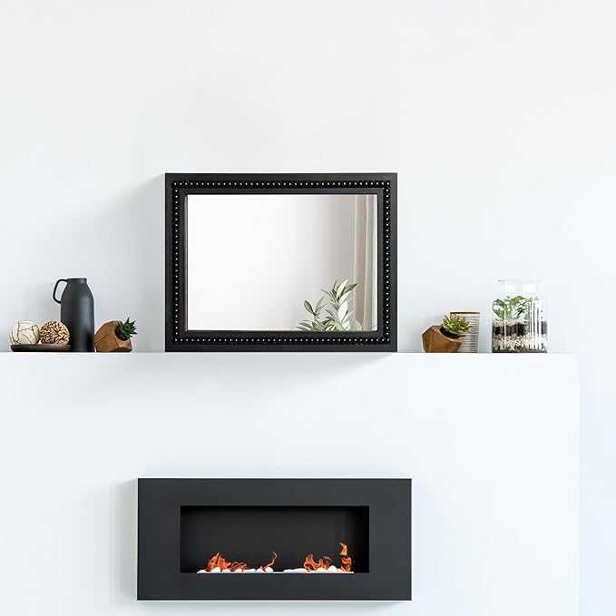 Black Wood Beaded Frame Wall Mount Mirror, 12 x 16 Inches Modern Farmhouse Real Glass Horizontal/Vertical Hanging Mirror for Bathroom, Living Room, Entryway