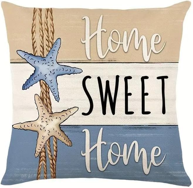 Beach Theme Throw Pillow Covers, 18x18 inches, Set of 4, Coastal Seashell and Starfish Design, Decorative Linen Cases for Living Room