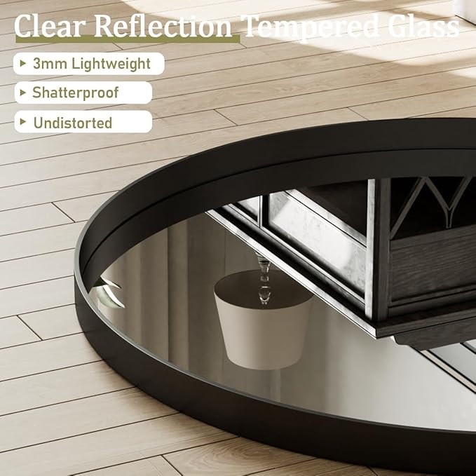 VooBang 24 inch Round Bathroom Mirror, Balck Modern Circle Wall Mounted Mirror with Gorgeous Circular Deep Frame for Bathroom, Living Room, Bedroom, Hanging or Leaning