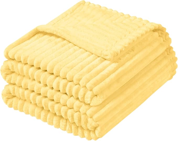 Vessia Flannel Fleece King Blanket for King Size Bed, 300GSM Striped 108x90 inch Light Yellow Blanket for Adults and Kids, Super Soft Warm Cozy Lightweight Ribbed Pale Yellow Decor for All-Season