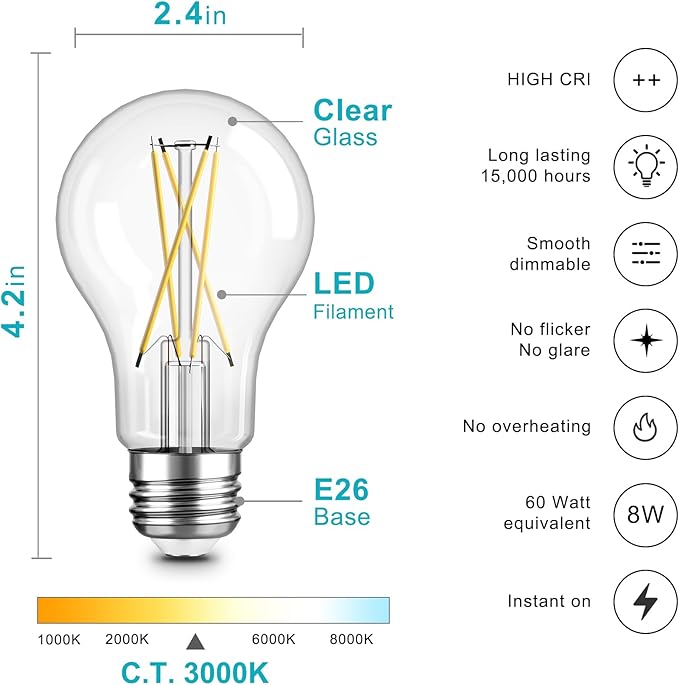TJOY 6 Pack A19 Vintage LED Edison Bulbs, Dimmable, 60W Equivalent, High Brightness 3000K Soft Warm White, 8W E26 Standard Base, 800 Lumens, CRI80+, Clear Glass Filament Bulb for Home, Farmhouse