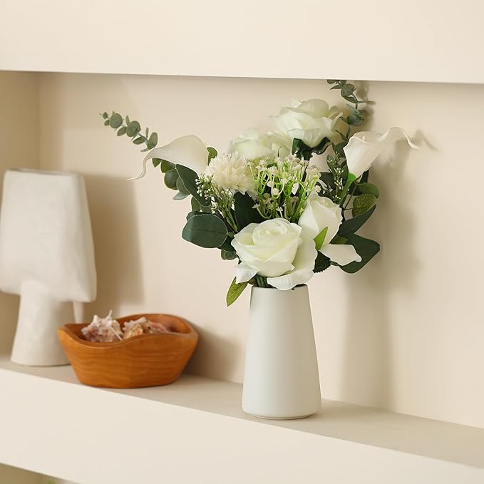Fake Flowers with Ceramic Vase, Artificial Silk Roses in a Vase, Faux Flowers Plants Arrangements for Centerpiece Table Decorations, Living Room Bathroom Dining Table Home Décor(White)