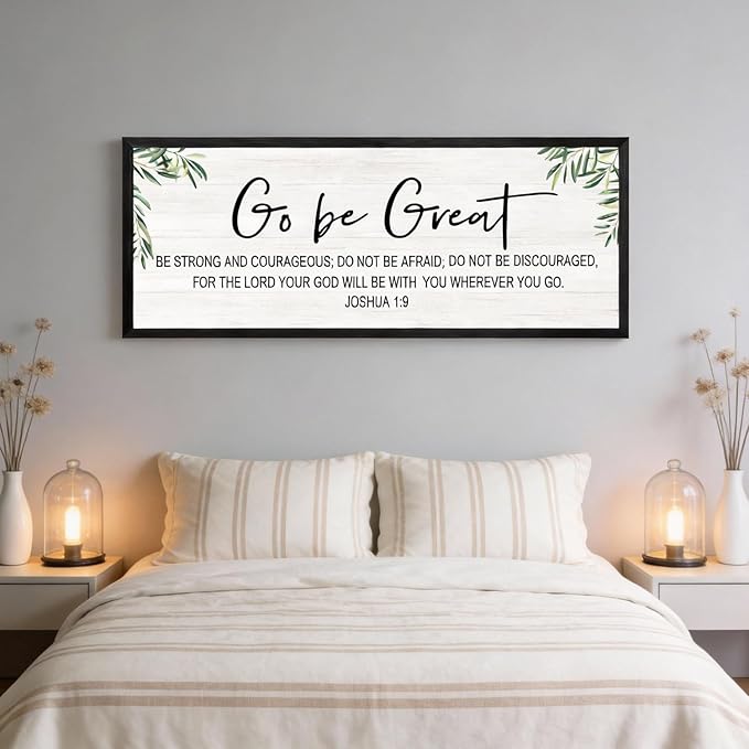 Go Be Great Wall Decor: 40x15 Inch Large Framed Bible Verse Wall Art, Joshua 1:9 Scripture Sign, Christian Wall Decor for Bedroom Living Room, Black Wooden Frame, Natural, Black