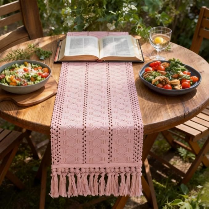 Socomi Boho Table Runner Easter Spring Farmhouse Rustic Dining Kitchen Centerpiece Decor Long Macrame Woven Cotton Linen Coffee Table Runner for Dresser Scarf Home Decor 12x108 in Pink