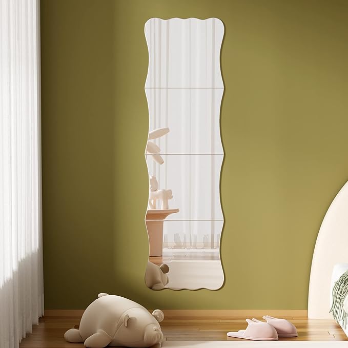 Wavy Shatterproof Full Length Wall Mirror Tiles, 47" x 14" (4 Pack 14" x 12"), Unbreakable Acrylic Safety Body Mirror for Kids, Baby, Toddler, Playroom, Dorm, Door & Gym, Frameless Non-Glass