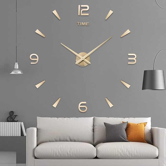 AILILIFE 3D DIY Wall Clock Decor Sticker Mirror Frameless Large DIY Wall Clock Kit for Home Living Room Bedroom Office Decoration (Gold)