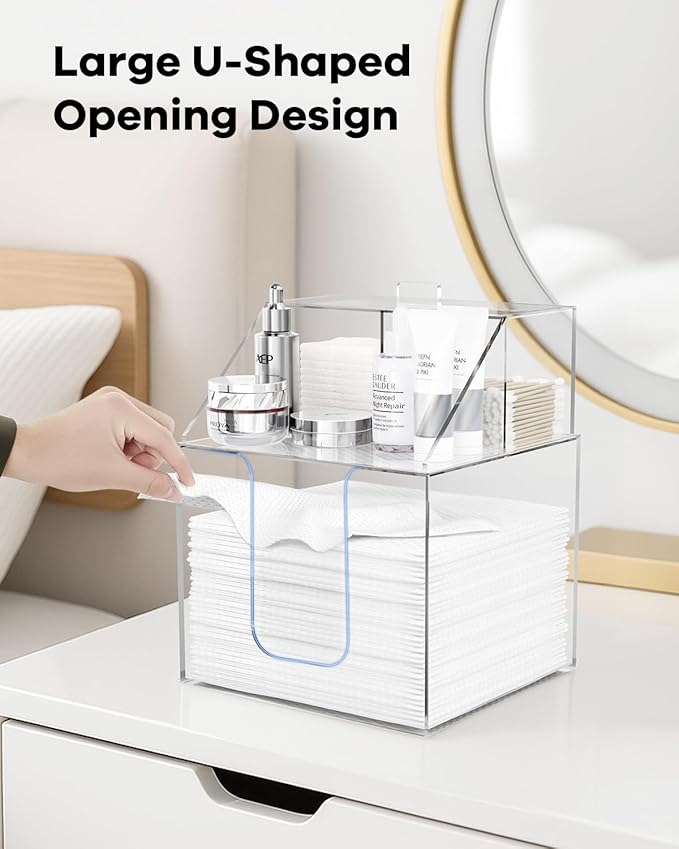 Disposable Facial Towels Storage Box Compatible with Clean Skin Club Clean Towel XL-Cotton Pads-Swabs Upgraded Double Layer Face Towel Holder Acrylic Storage Container Valentine's Day Gifts