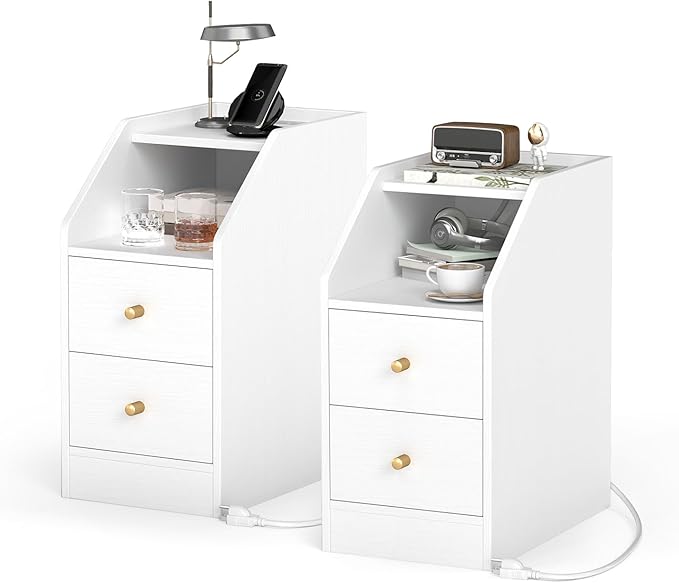 KOMFOTT Set of 2 Side Tables with Charging Station, End Tables with Storage Drawers, Sofa Couch Tables for Small Space, Modern Nightstands for Bedroom (White,2)