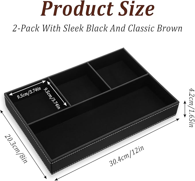 2 Pack Leather Valet Tray for Men - Premium PU Leather Desk & Nightstand Organizer, Stackable Storage Tray for Keys, Wallet, Watch, Phone, Jewelry in Black & Brown
