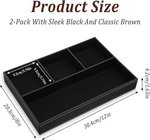 2 Pack Leather Valet Tray for Men - Premium PU Leather Desk & Nightstand Organizer, Stackable Storage Tray for Keys, Wallet, Watch, Phone, Jewelry in Black & Brown