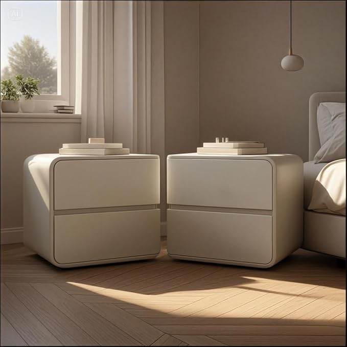Bedside Table Set of 2 with Drawers, Simple Leather Bedside Table, Left and Right Combination Bedside Tables Suitable for Bedrooms(Beige,Large)