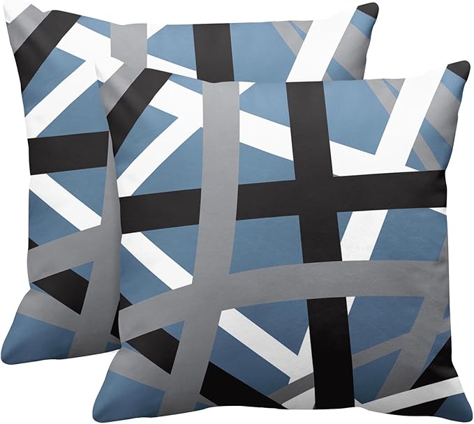 Emvency Set of 2 Throw Pillow Cover Blue Grey Stripes Black White Design Retro Decorative Pillow Case Striped Home Decor Square 18x18 Inch Cushion Pillowcase