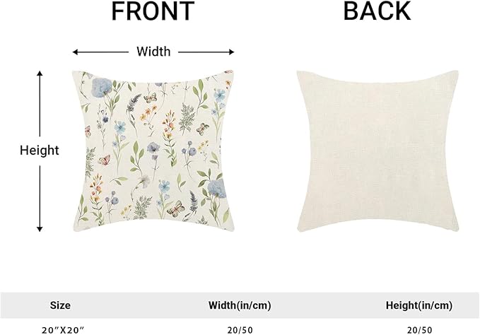 Spring Pillow Covers 20x20 Inch Set of 2, Sage Green Blue Wild Flower Throw Pillows Case,Colorful Seasonal Floral Plant Outdoor Decorative Farmhouse Decor Cushion Covers for Home Sofa Bed Couch