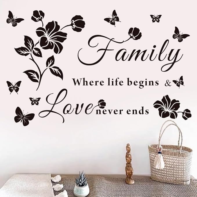 Family Wall Decor Stickers, Black Floral Quote Wall Decal Vinyl Sticker for Living Room, Bedroom, Kitchen, Dining, Office, Glass Surface
